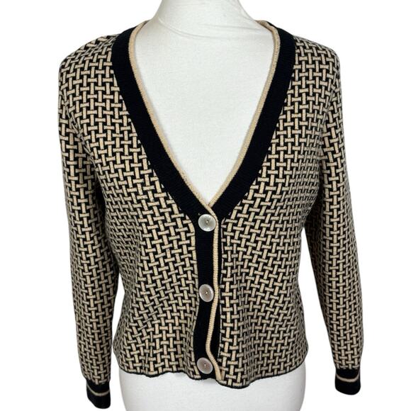 Ady P Herringbone Tan and Black Classic V Neck Cardigan Size M - Picture 1 of 6